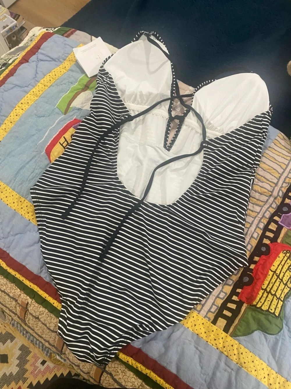 🆕 La Blanca V-Front Keyhole 1 Piece Pin Stripe Plunge V Neck Tie Closure. NWT_6